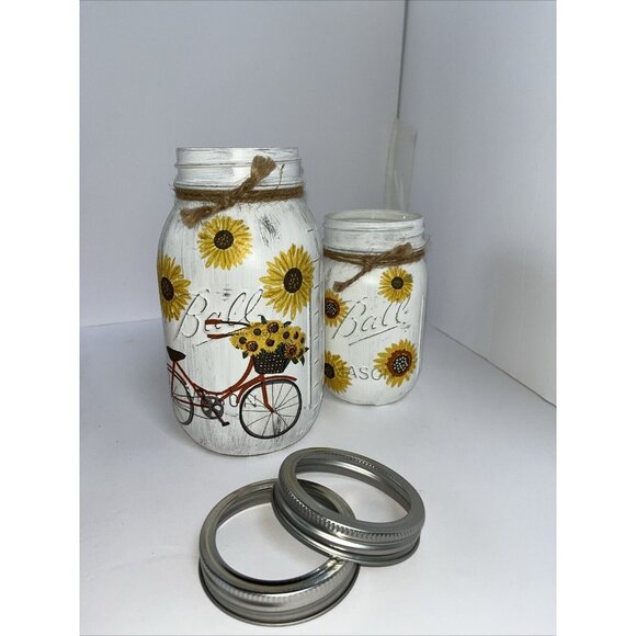 2 Ball Mason Jars Hand Painted Summer Bicycle Sunflowers 32oz & 16oz With Bands - Picture 4 of 16